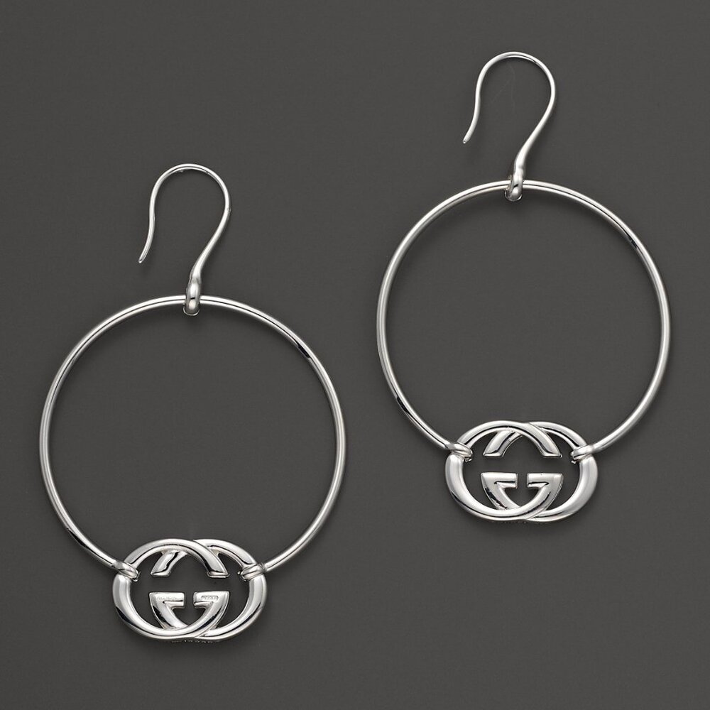 New, Gucci Sterling Silver Large "Brit" GG Hoop Earrings - Picture 4 of 16
